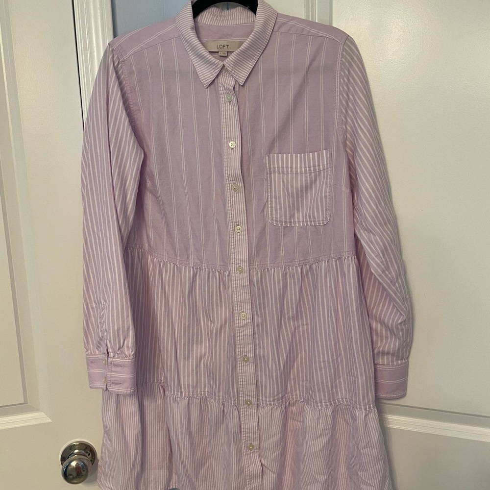 LOFT Large Lavender Striped Button Tiered Dress